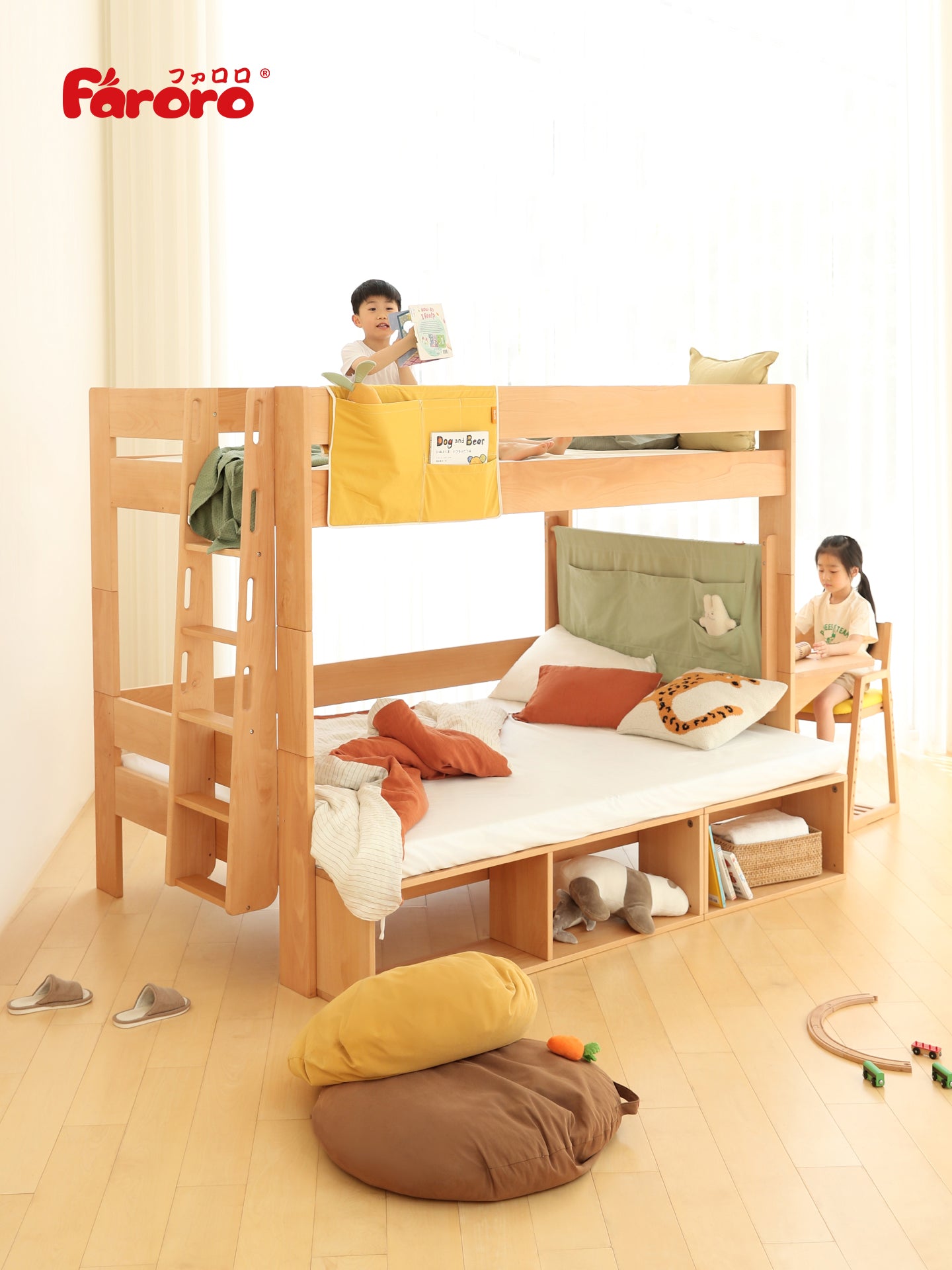 FARORO Convertible Solid Wood Kids Bunk Bed with Desk & Storage